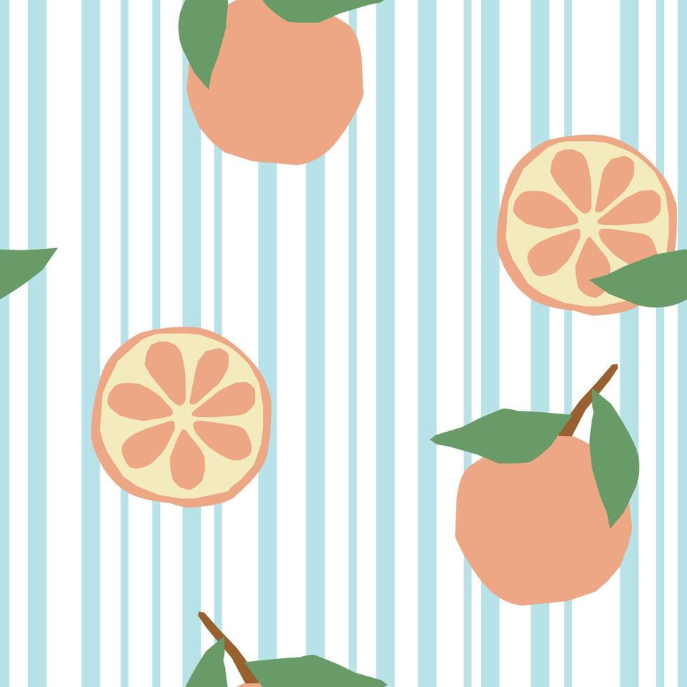 Seamless pattern of orange-fruit and blue stripes. Cute and playful hand-drawn background perfect for packaging organic products, cosmetics and surface design vector