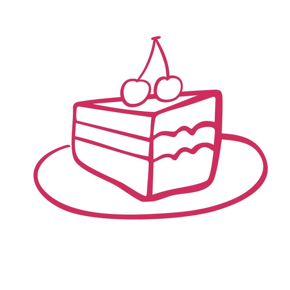 Cute Whimsical Piece of Cake with cherry on a plate isolated on a white background. Perfect for design of menu, cafe posters, logo vector
