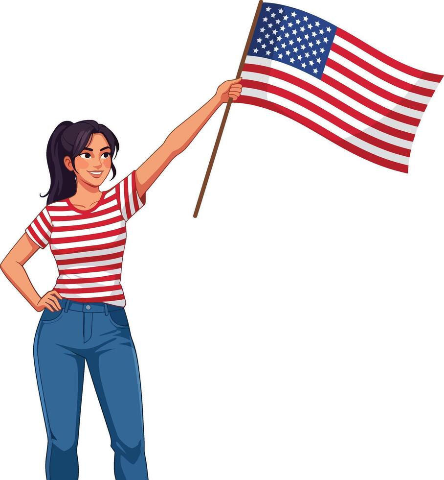 a woman clipart cartoon holding an american flag vector