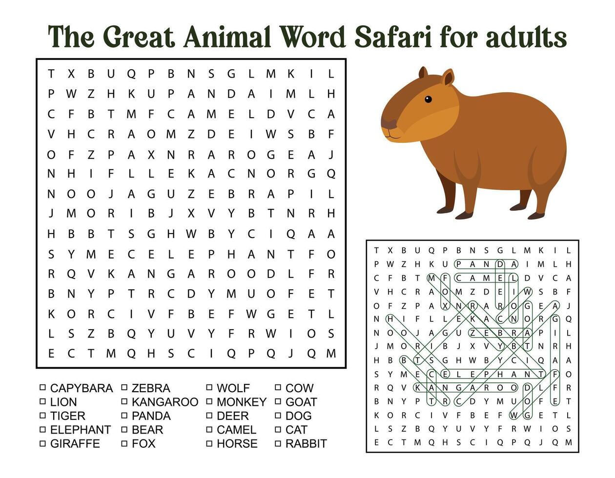The Great Animal Word Safari for Adults Featuring a Capybara and Word Search Puzzle animal vector