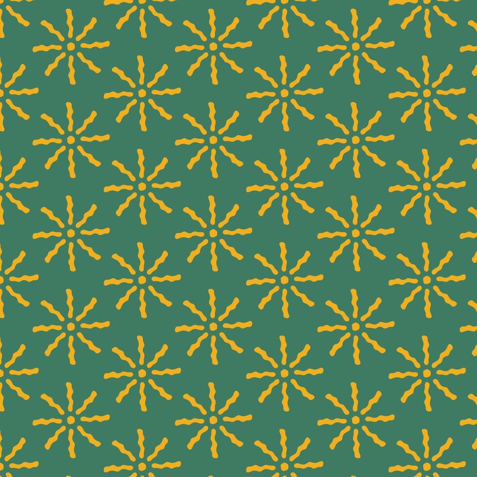 A beautiful repeating pattern features golden yellow floral shapes against a vibrant green backdrop, providing a bright and lively decorative aesthetic suitable for backgrounds, crafts, and design. vector