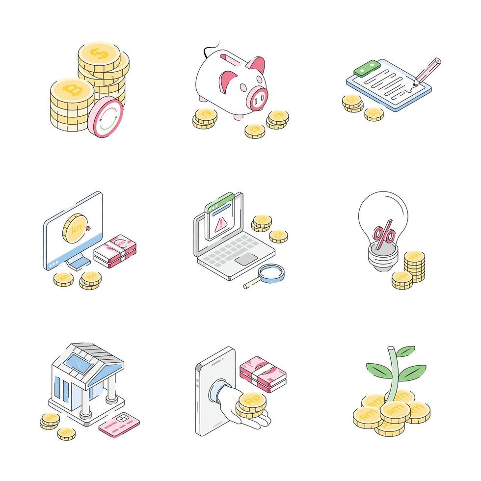 Modern collection showing finance and investment isometric icons vector