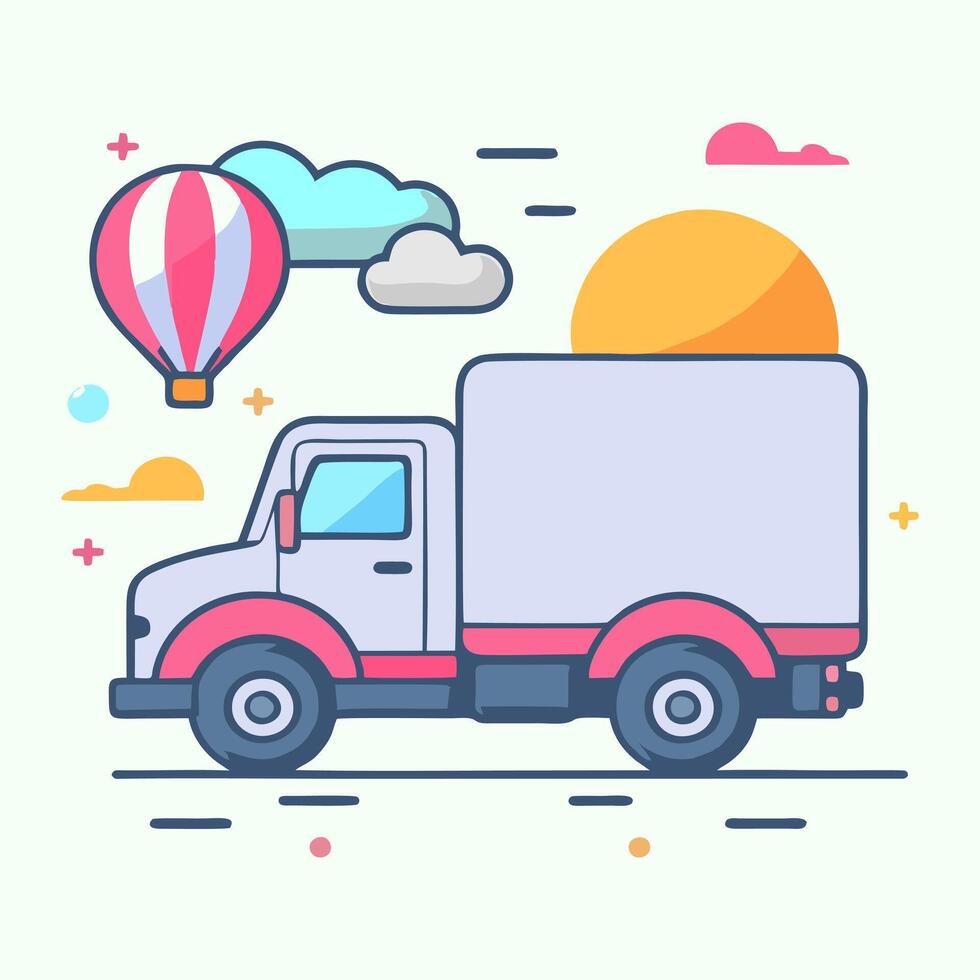 Cartoon Delivery Truck Illustration Featuring A Balloon And Clouds In A Light Color Palette vector