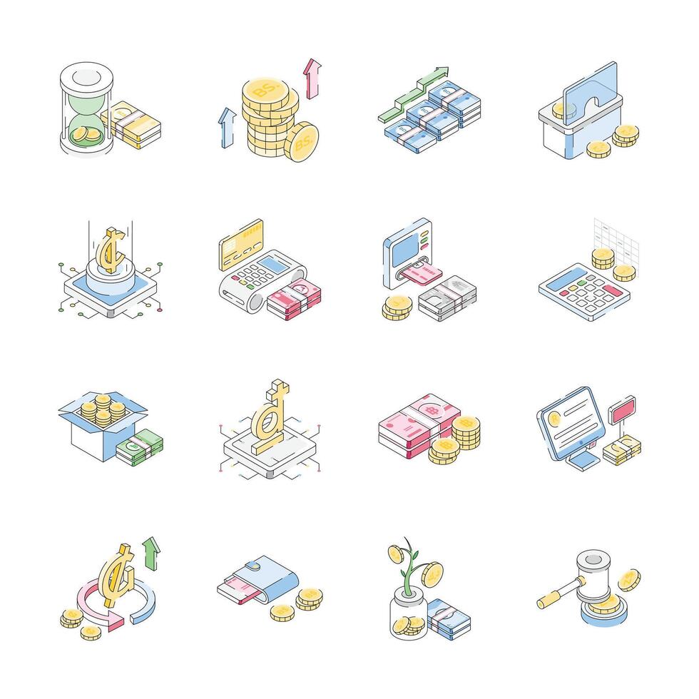 Easy to edit pack of finance and banking isometric style icons vector