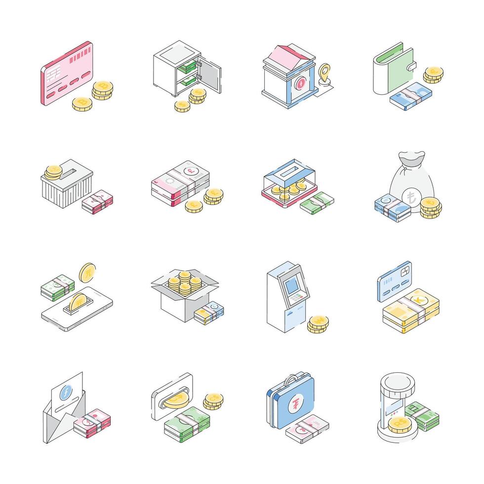 Get this premium collection showing finance and money isometric icons vector