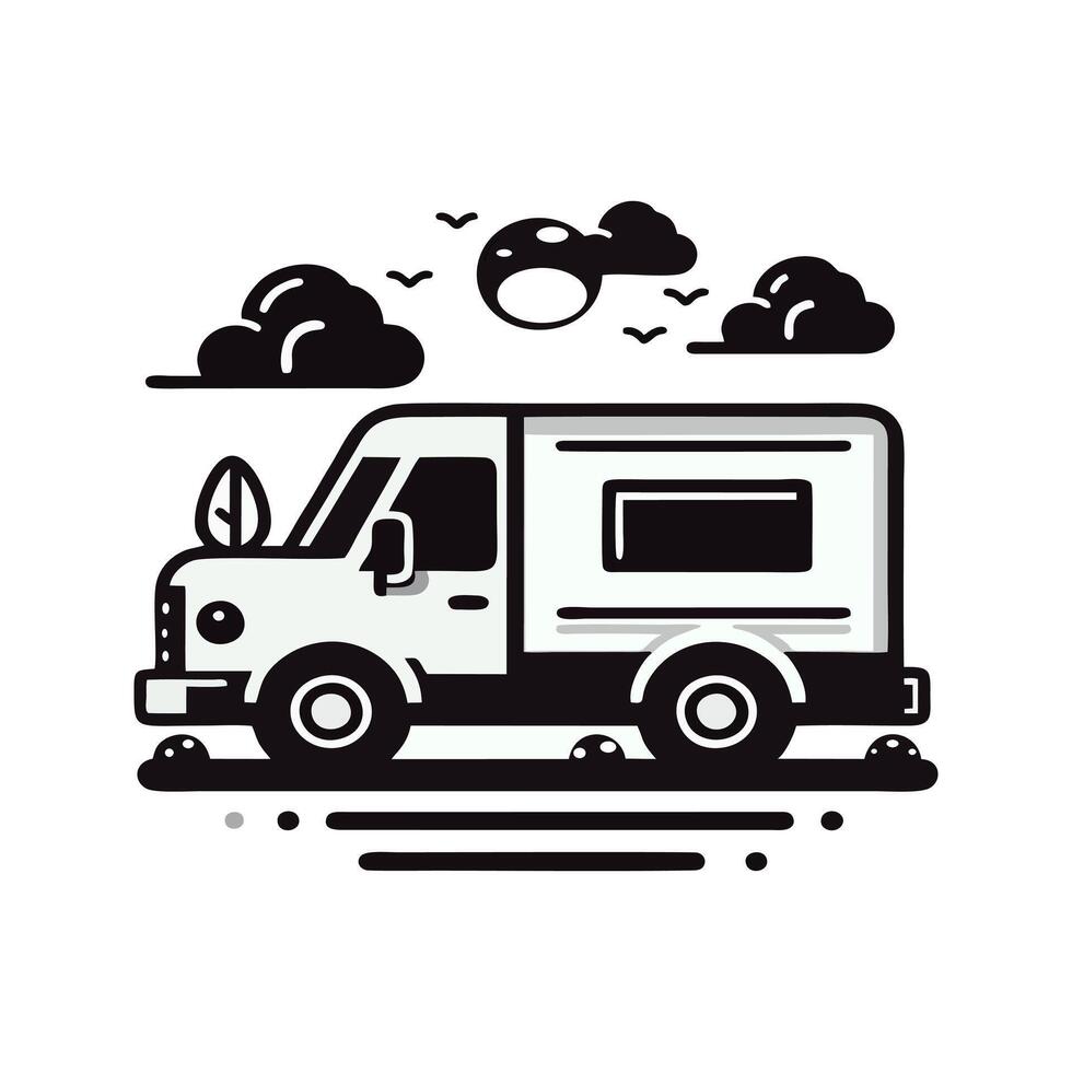 Stylized Monochrome Illustration Of A Truck Traveling Beneath Clouds And Flying Birds Above vector
