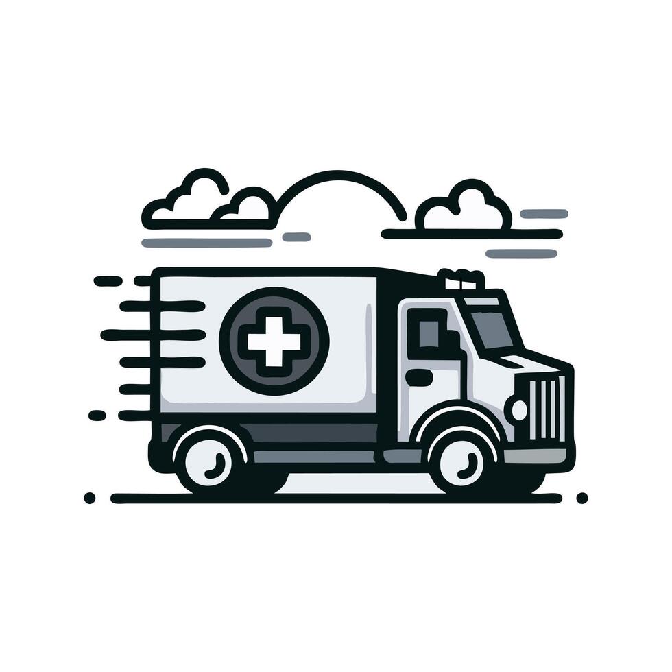 Stylized Ambulance Graphic Hurtling Forward With Speed Lines Against A Cloudy Sky Background vector