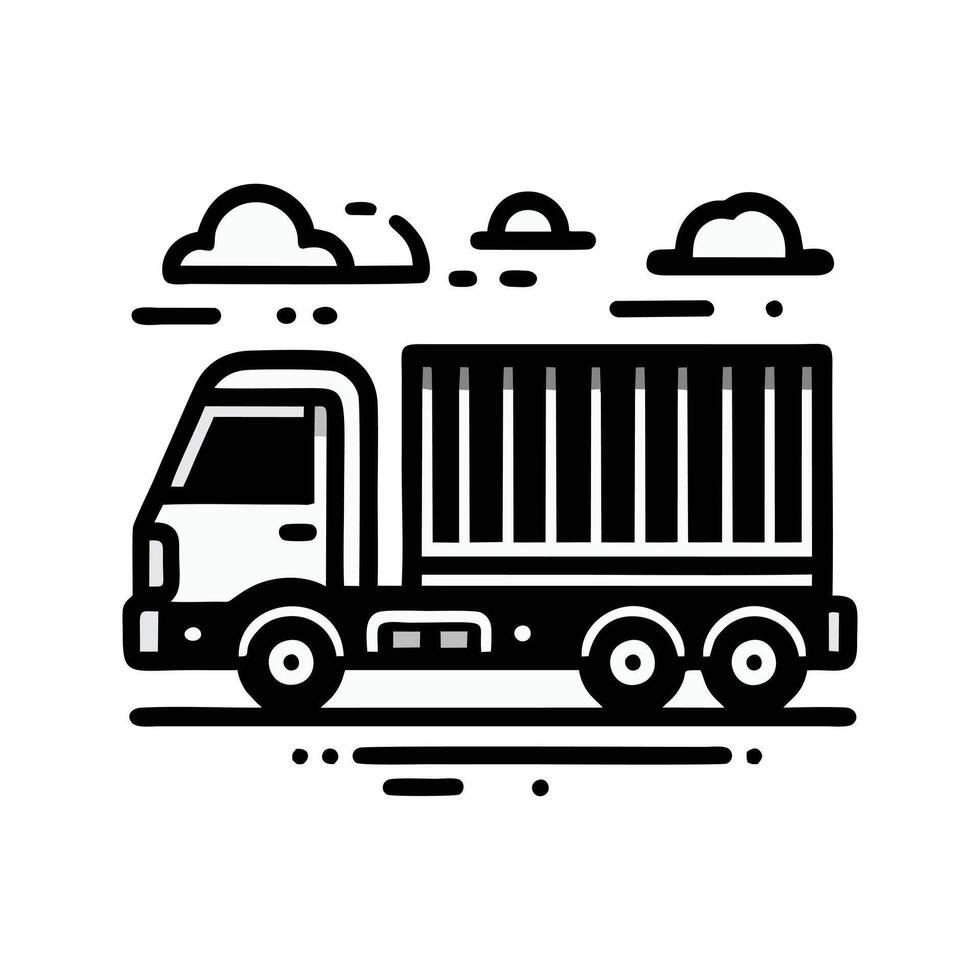 Stylized Truck Illustration In Black And White Shows A Delivery Vehicle With Clouds Above It vector