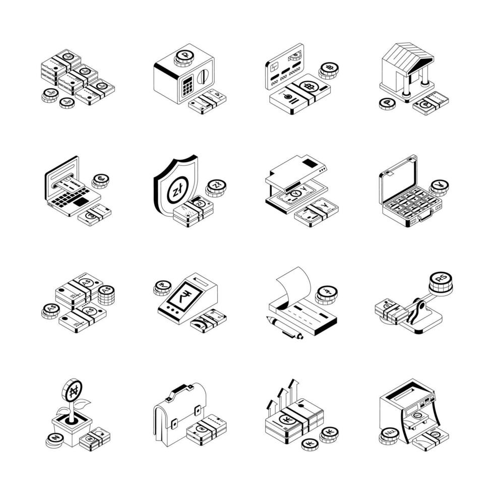 Handy bundle of isometric icon showing finance planning concepts. vector