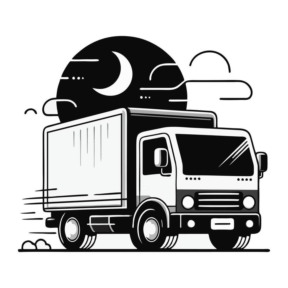 Illustration Of A Delivery Truck At Night With A Moon And Clouds In The Background Design vector