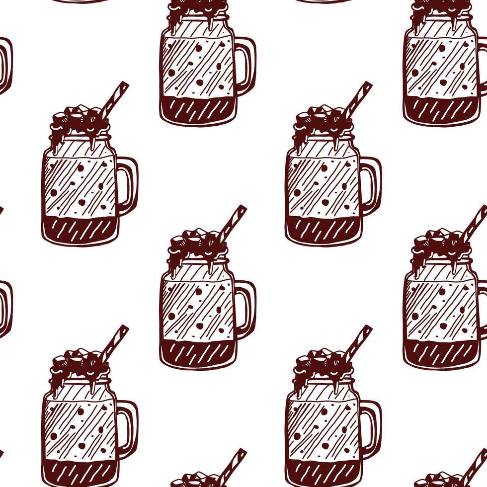 Seamless pattern featuring beverages in mugs with straw and whipped cream vector