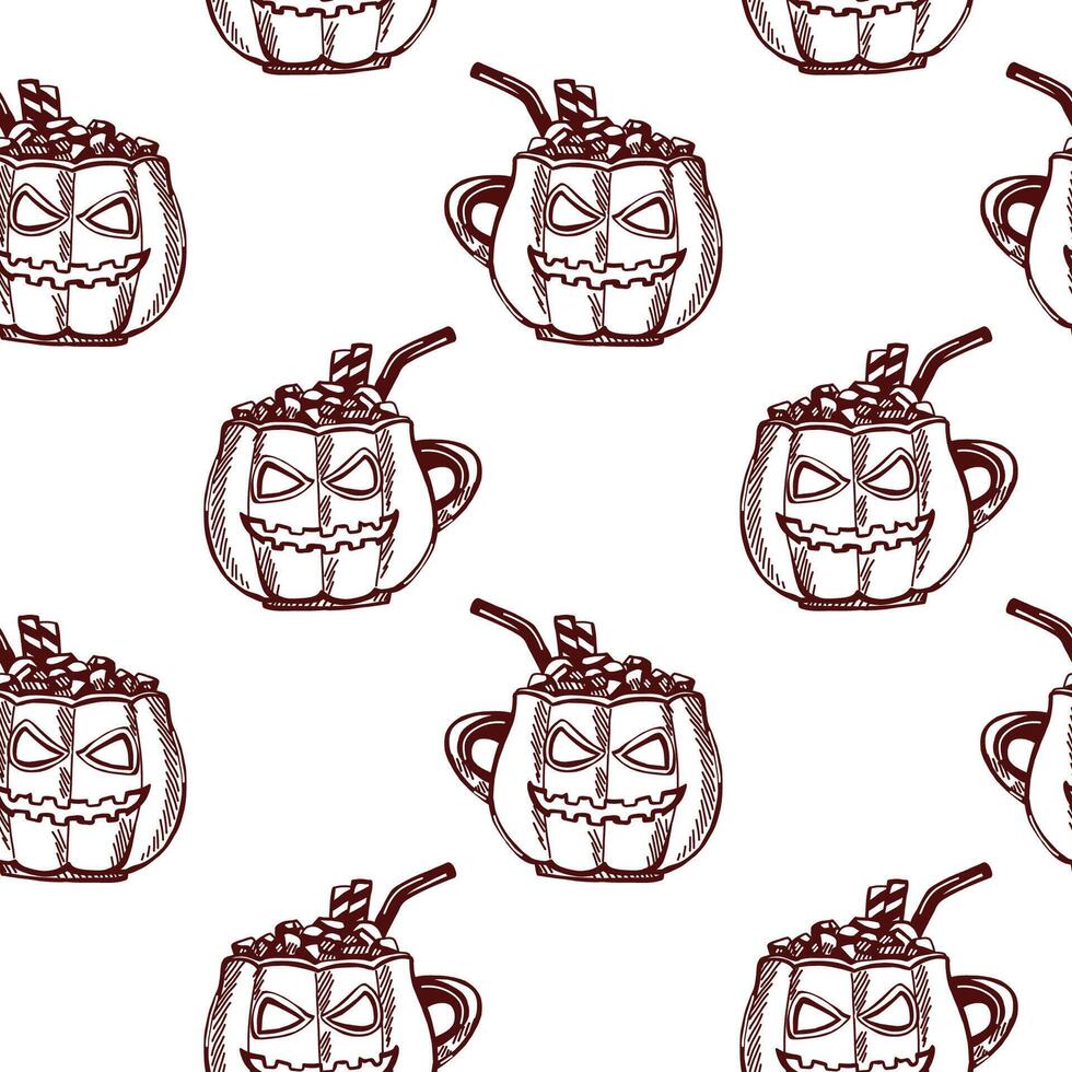 Seamless pattern featuring festive pumpkin mugs with playful expressions and straw accents for Halloween decorations. vector
