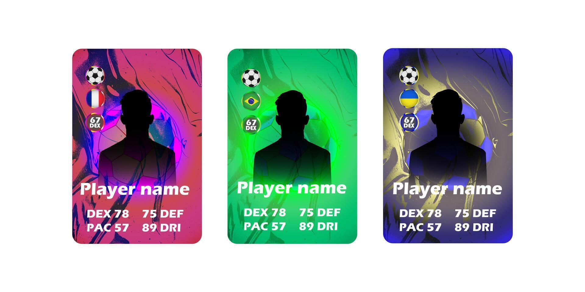 Set of three isolated football player cards with abstract neon backgrounds, national flags, silhouette avatars and player stats. Vertical composition. illustration in cartoon style. vector