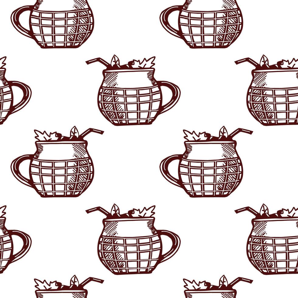 Decorative seamless pattern featuring playful beverage containers with straws and leaves for creative design projects vector