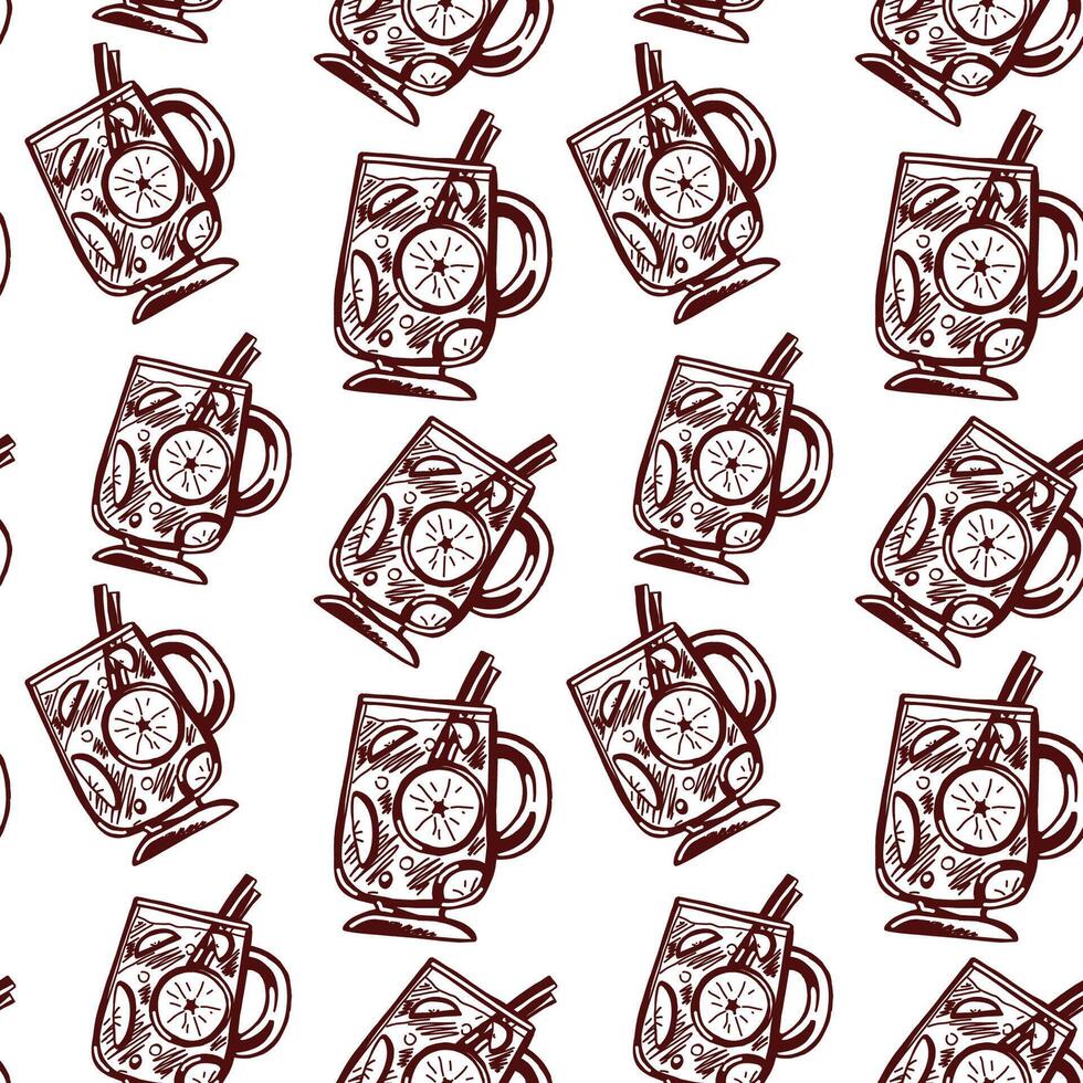 Seamless pattern featuring decorative beverage glasses with citrus slices and cinnamon sticks on white background vector
