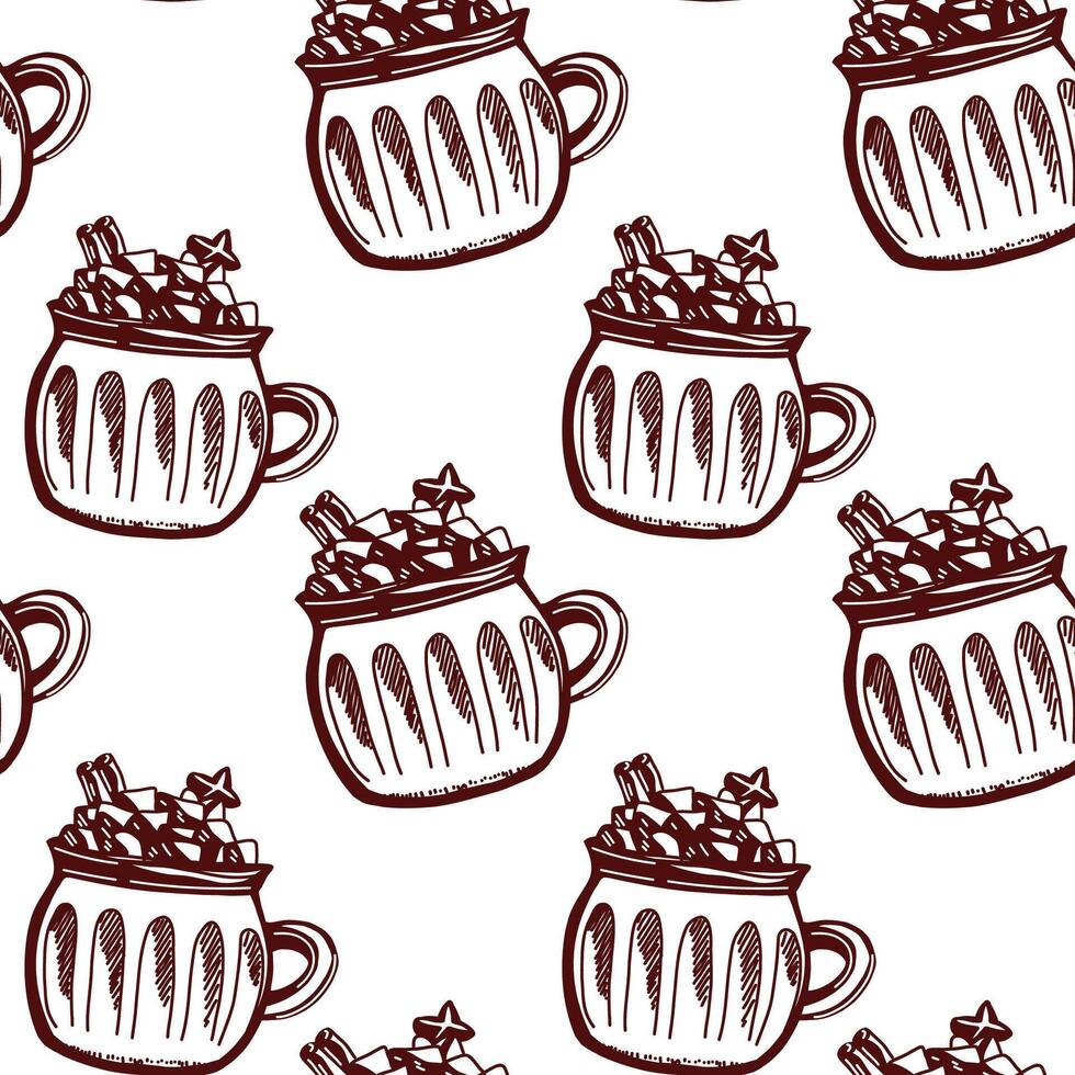 Seamless pattern of mugs filled with sweet treats and decorative stars on a clean background vector