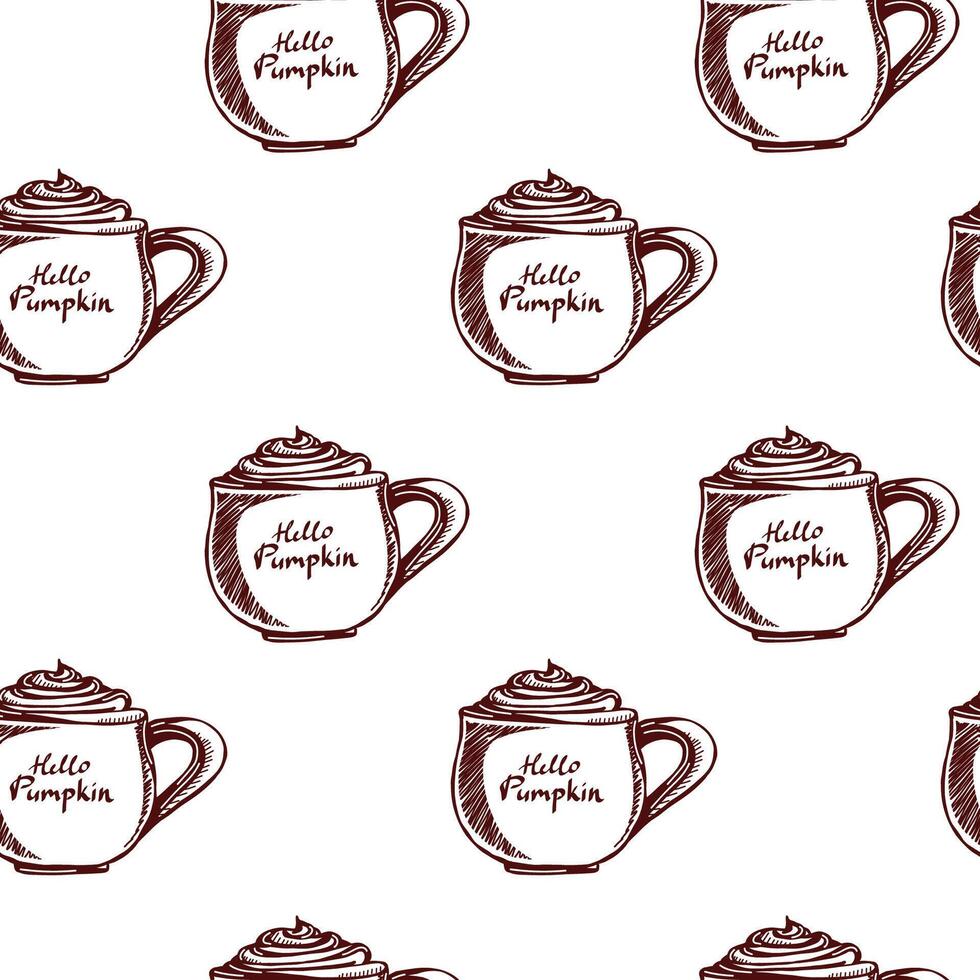 Cozy fall inspired seamless pattern featuring whimsical coffee mugs with the phrase hello pumpkin vector