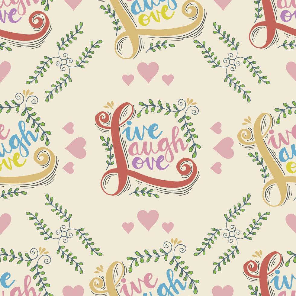 Live lough love. Seamless pattern with hand drawn lettering and hearts. vector