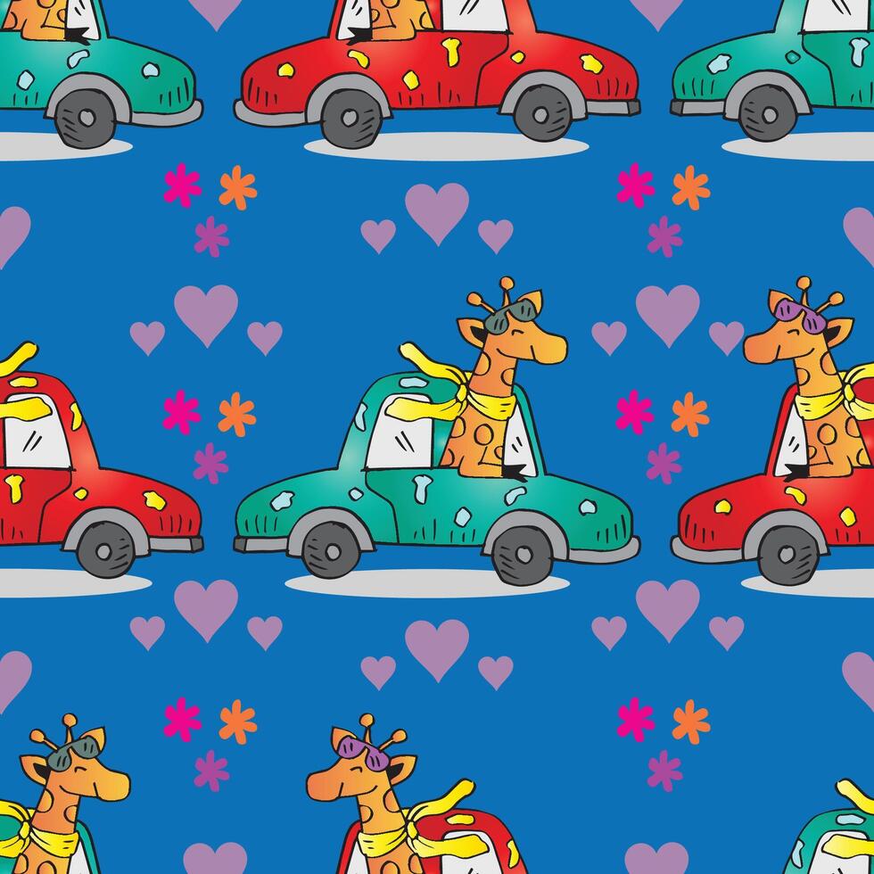 Seamless pattern with cute cartoon giraffe on car. vector