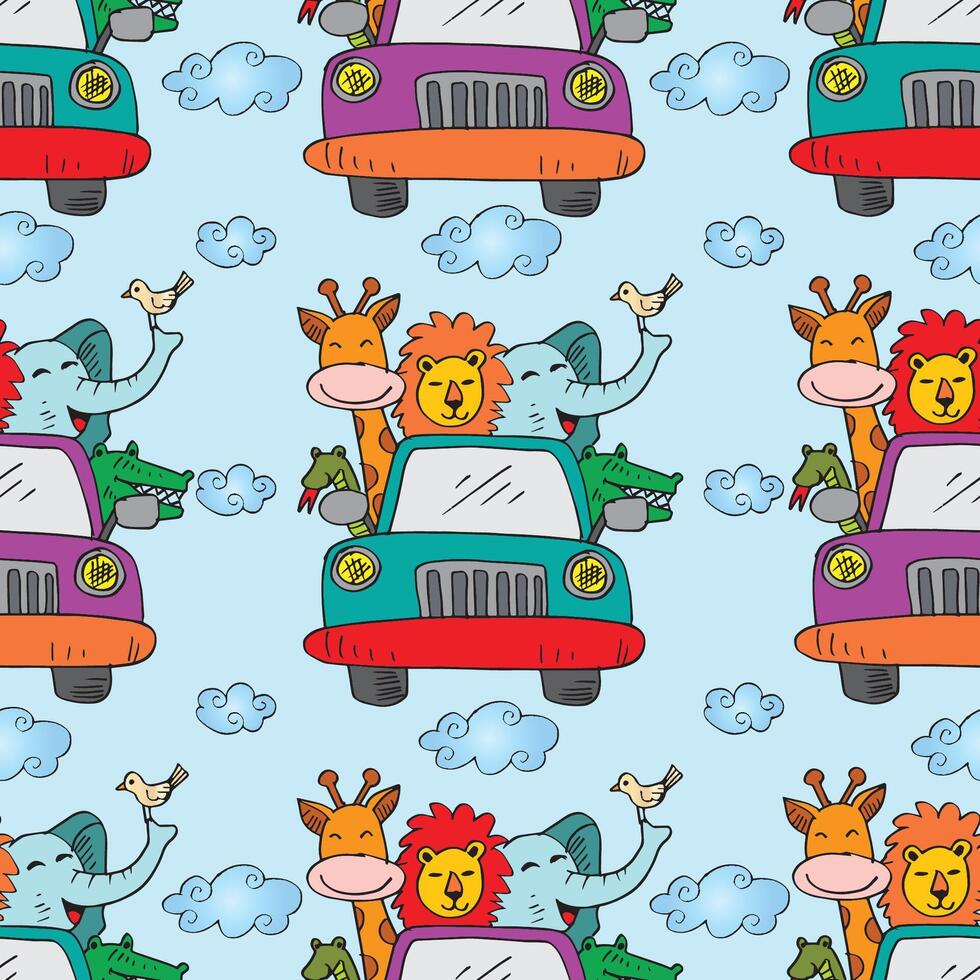Seamless pattern with cute cartoon animals on cars. vector