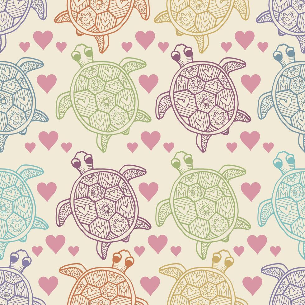 Seamless pattern with turtles and hearts. vector