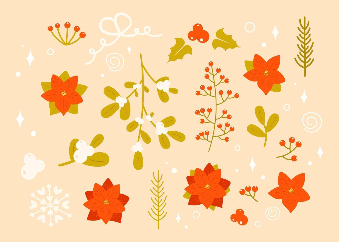 Set of Christmas botanical elements - holly berry, mistletoe, Poinsettia flower, Christmas tree branch, red winter berries. Winter floral collection isolated on pastel background vector