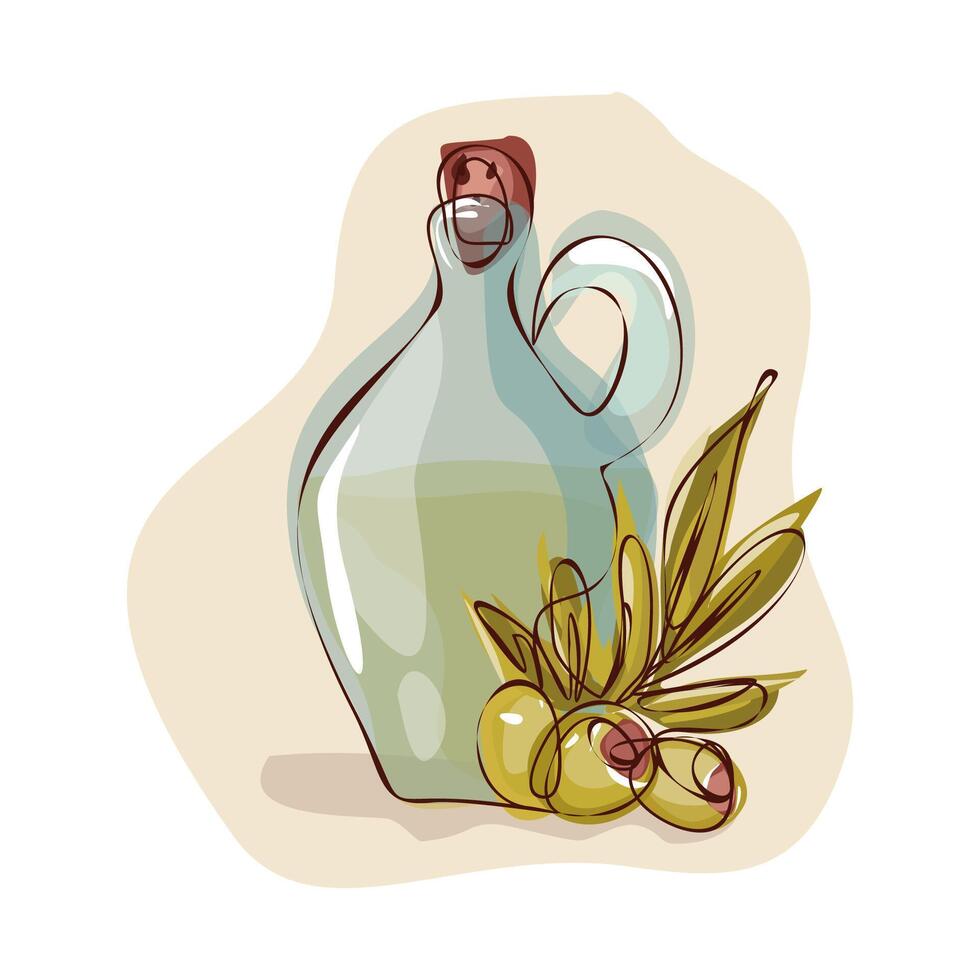 Olive oil in bottle and branch with fruit and green leaves illustration. Cartoon isolated glass jar with natural extra virgin oil for cooking, condiment and culinary ingredient vector