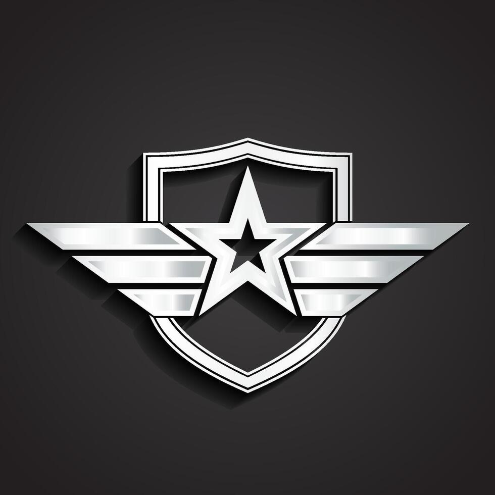 3d silver military star symbol with shield vector