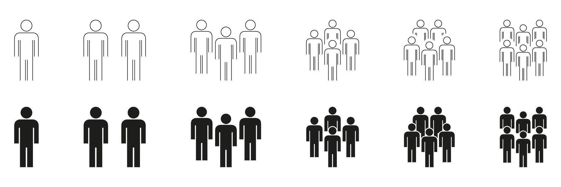 People Group Formation Icon Set. Social Interaction, Community Building, And Teamwork Outline And Silhouette Symbol Collection. Human Figures In Various Group Sizes. Isolated Illustration vector