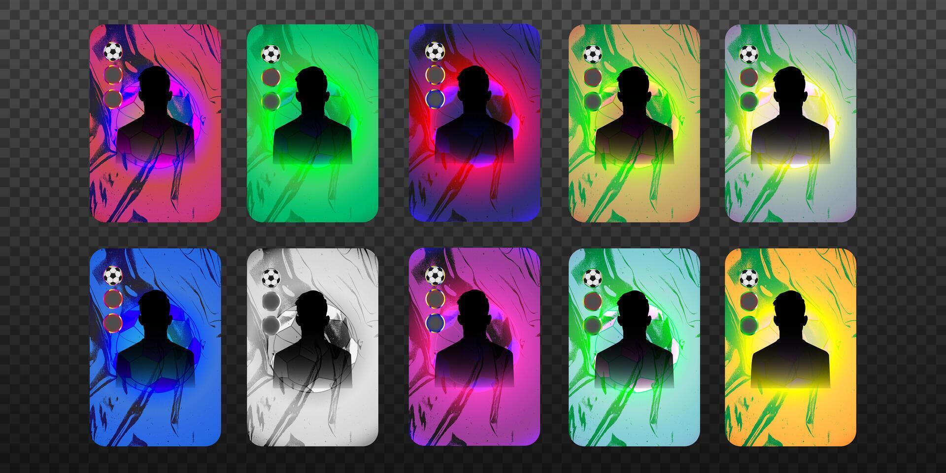 Collection of vertical abstract football cards with player silhouette, vibrant backgrounds and soccer icons. Dynamic design with copy space. Stock illustration in modern style. vector