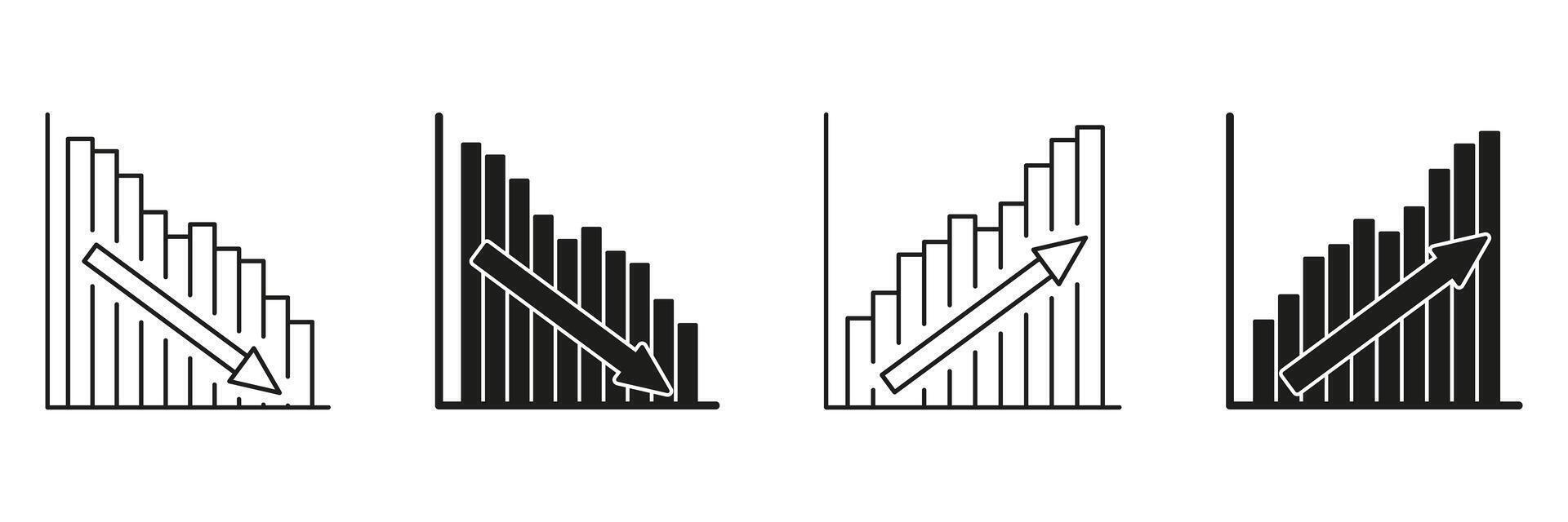 Bar Chart With Arrows Line And Solid Icon Set. Financial Growth And Decline Trend Analysis Symbol Collection. Economic Performance Indicators. Isolated Illustration vector