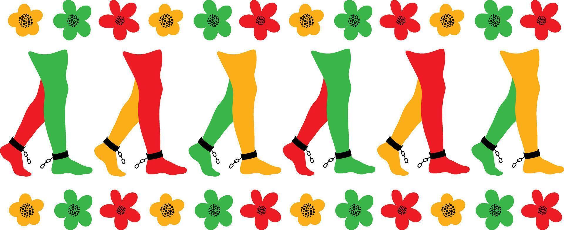 juneteenth freedom day elements set with walking feet in shackles and decorative flowers line design for banner, poster, greeting card, flyer vector
