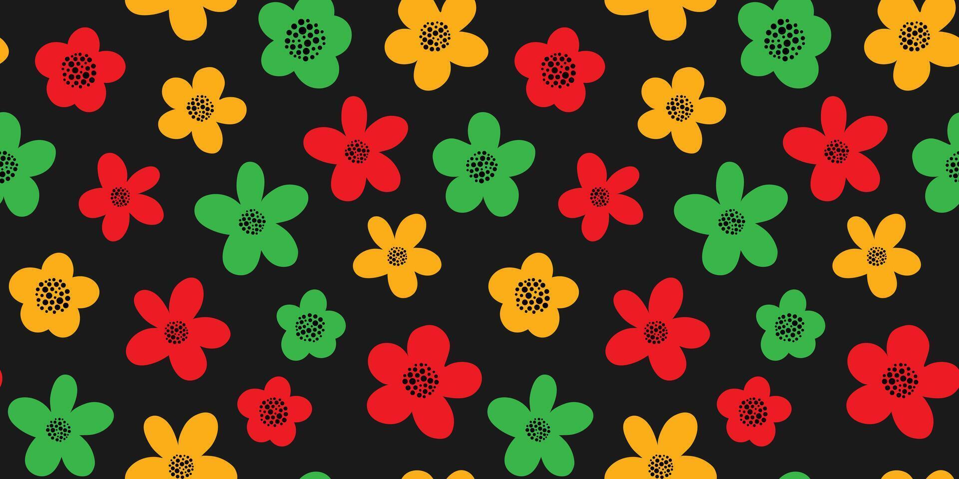 juneteenth seamless pattern abstract black background with festive red, green, and gold flowers african american freedom celebration design vector