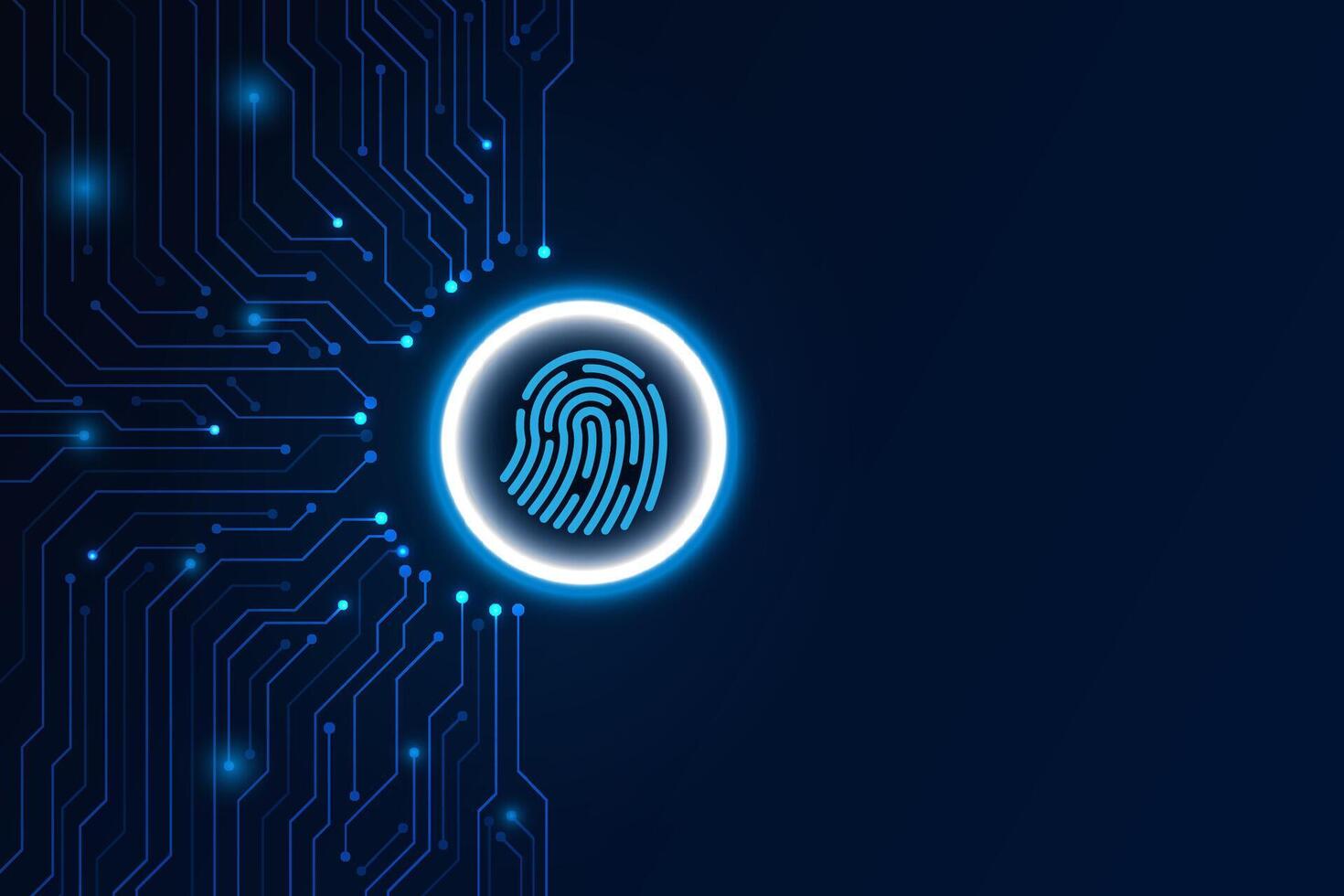 Fingerprint scan internet data storage database and server with circuit board, technology background vector