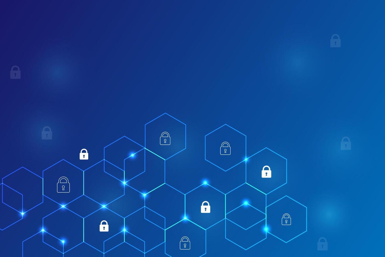 Digital technology cybersecurity concept with padlock and polygon shape on blue gradient background vector