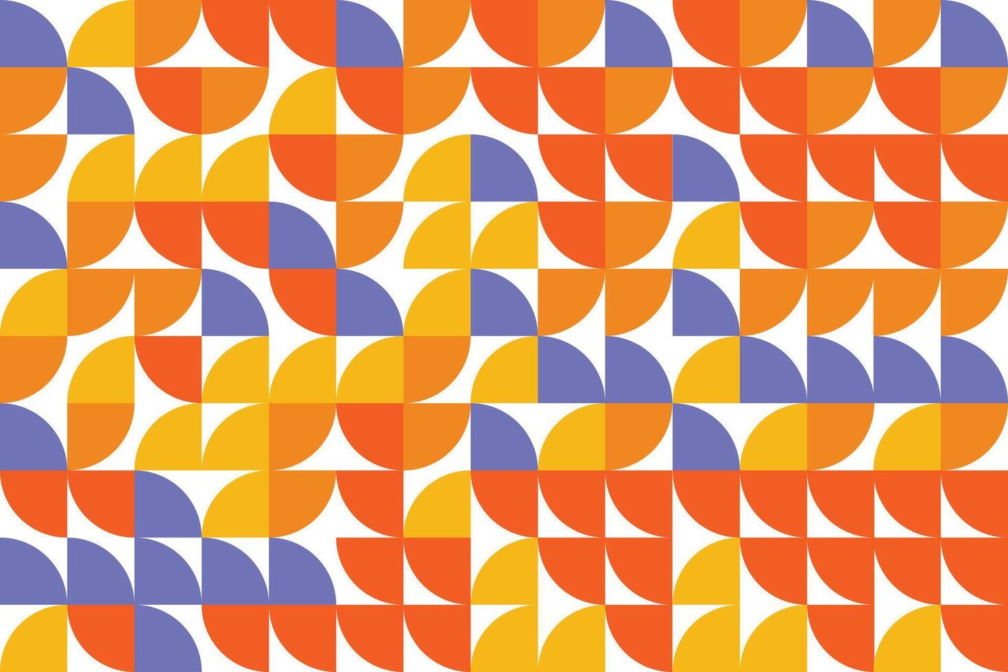 A pattern of orange, yellow, and purple quarter circles on a white background. vector