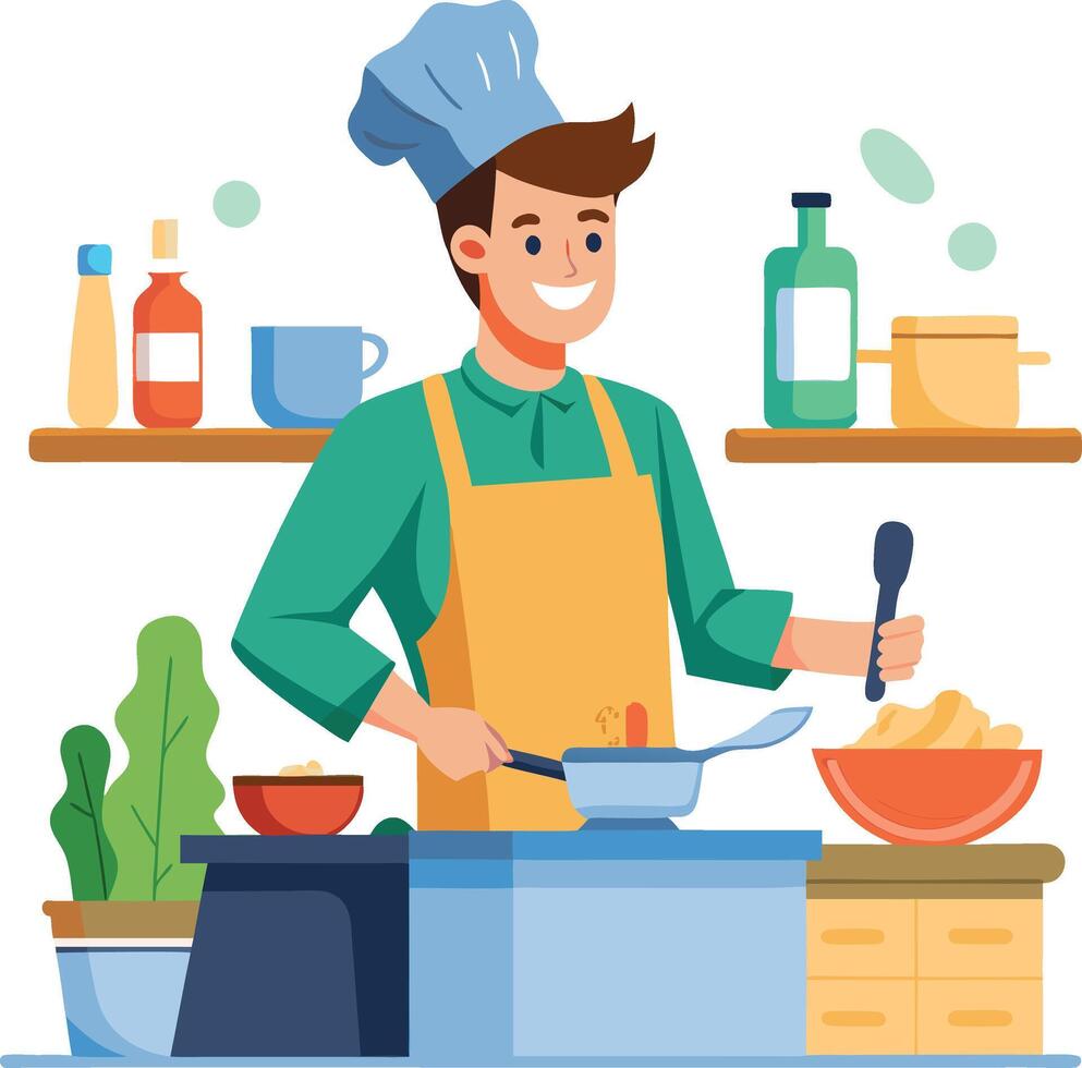 Smiling male chef preparing a meal in the kitchen vector