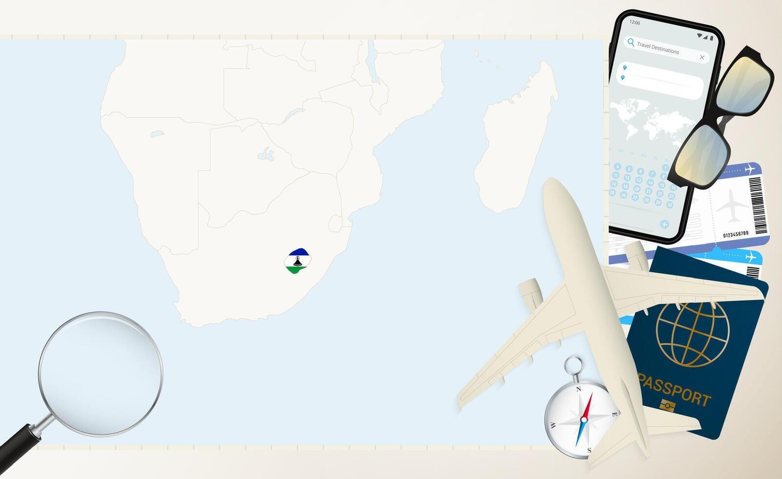 Lesotho map and flag, cargo plane on the detailed map of Lesotho with flag. vector