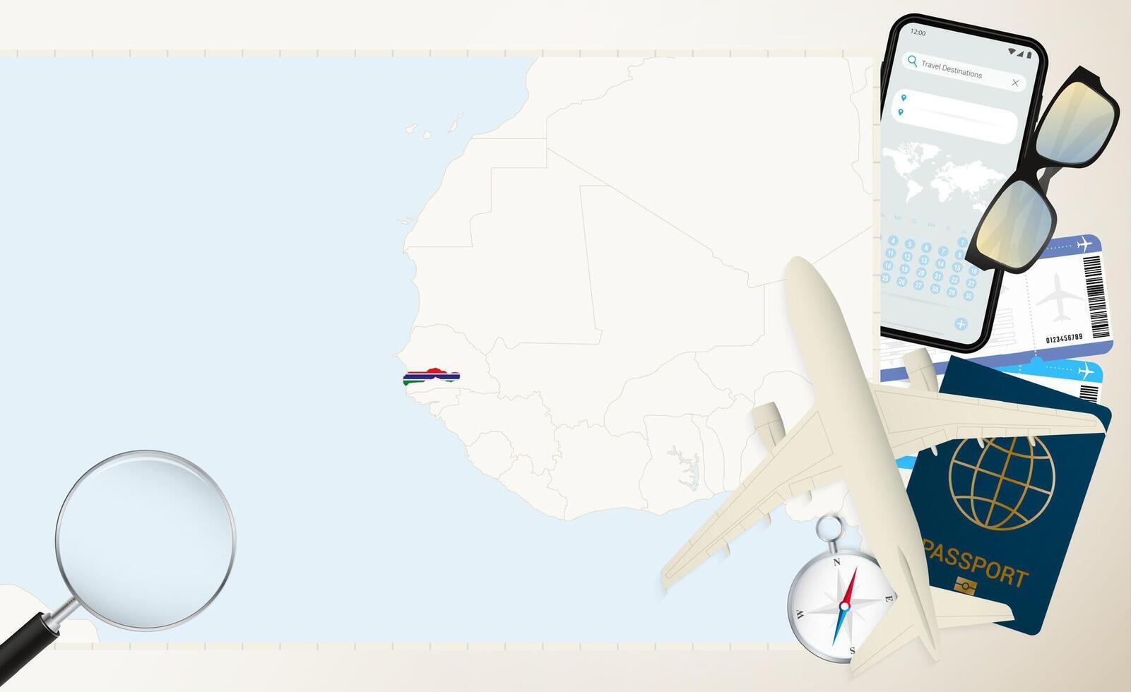 Gambia map and flag, cargo plane on the detailed map of Gambia with flag. vector