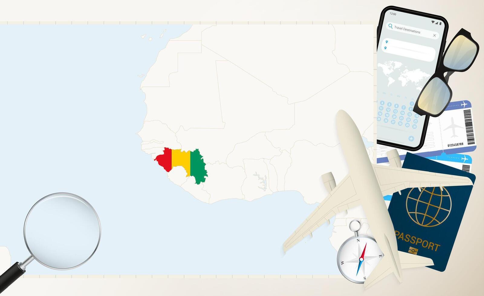 Guinea map and flag, cargo plane on the detailed map of Guinea with flag. vector
