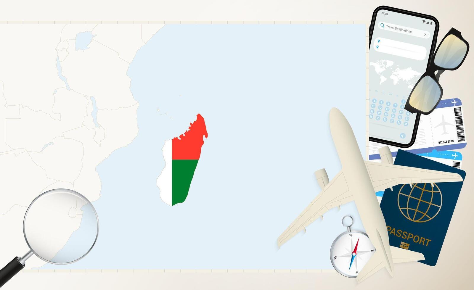 Madagascar map and flag, cargo plane on the detailed map of Madagascar with flag. vector