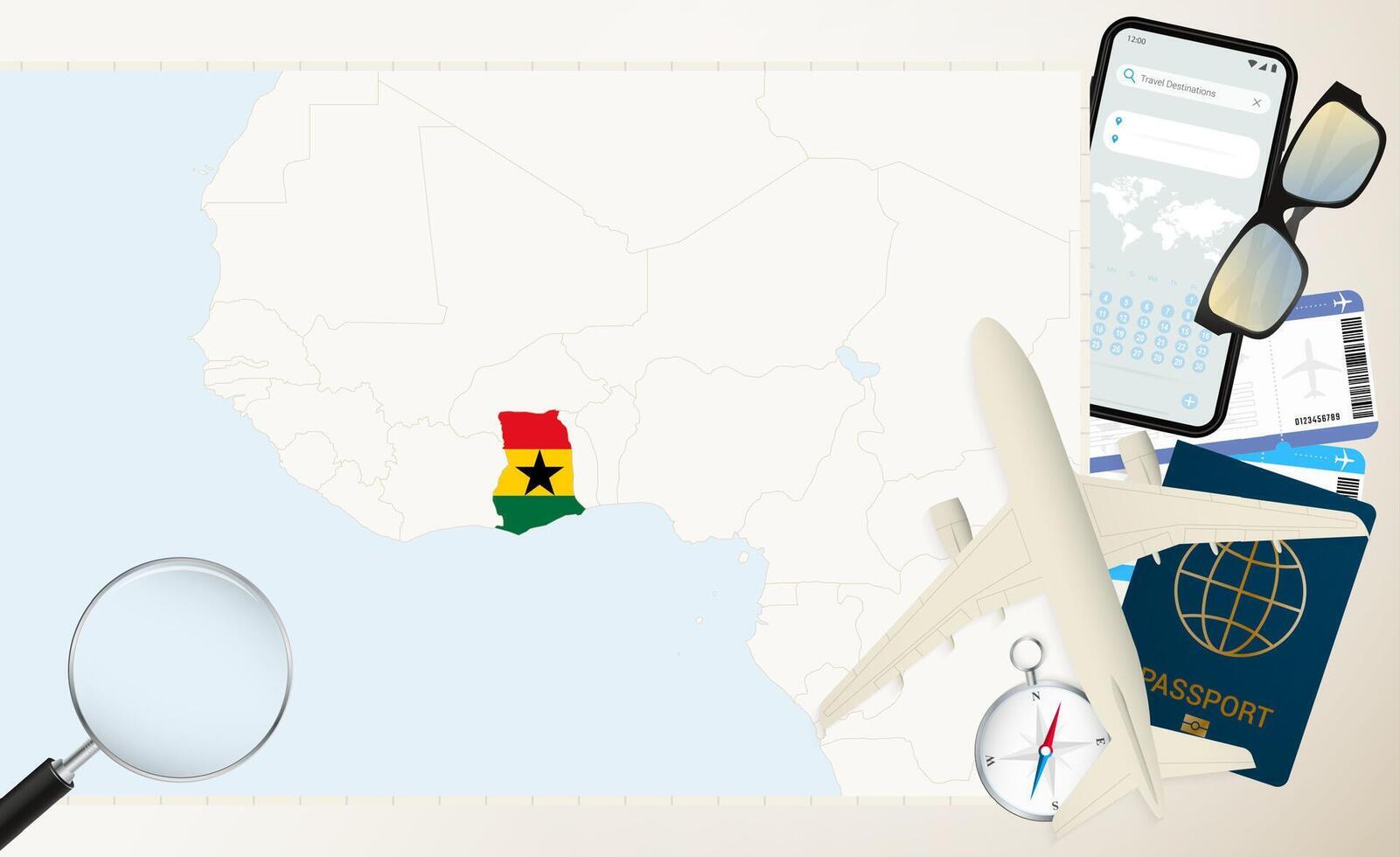 Ghana map and flag, cargo plane on the detailed map of Ghana with flag. vector