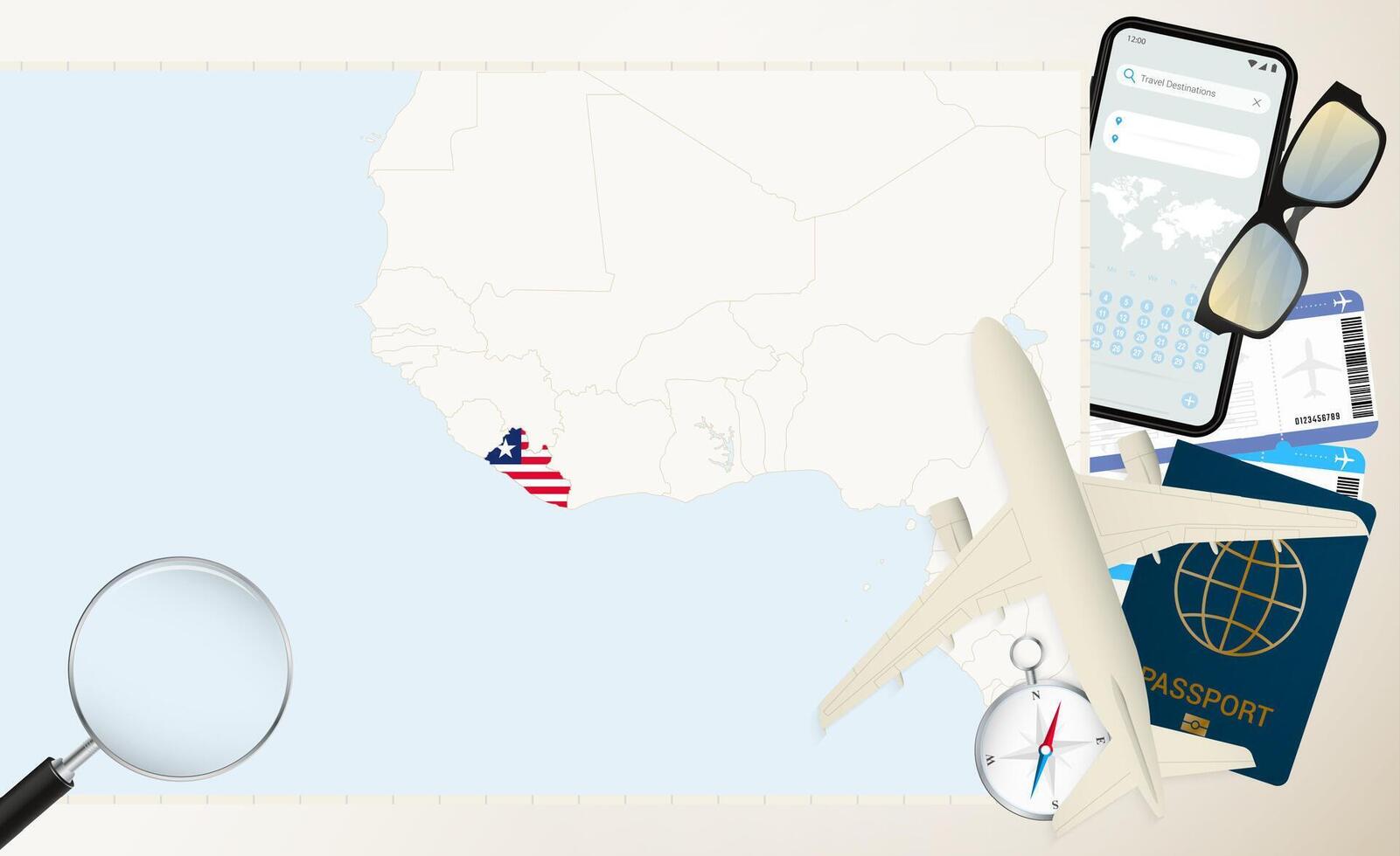 Liberia map and flag, cargo plane on the detailed map of Liberia with flag. vector