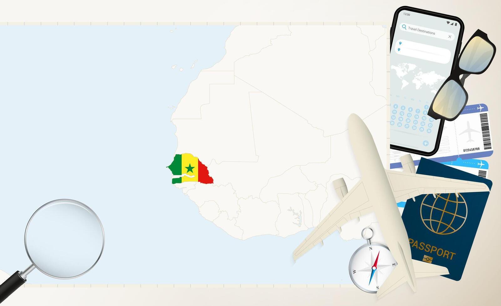 Senegal map and flag, cargo plane on the detailed map of Senegal with flag. vector