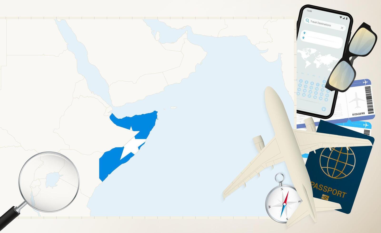 Somalia map and flag, cargo plane on the detailed map of Somalia with flag. vector