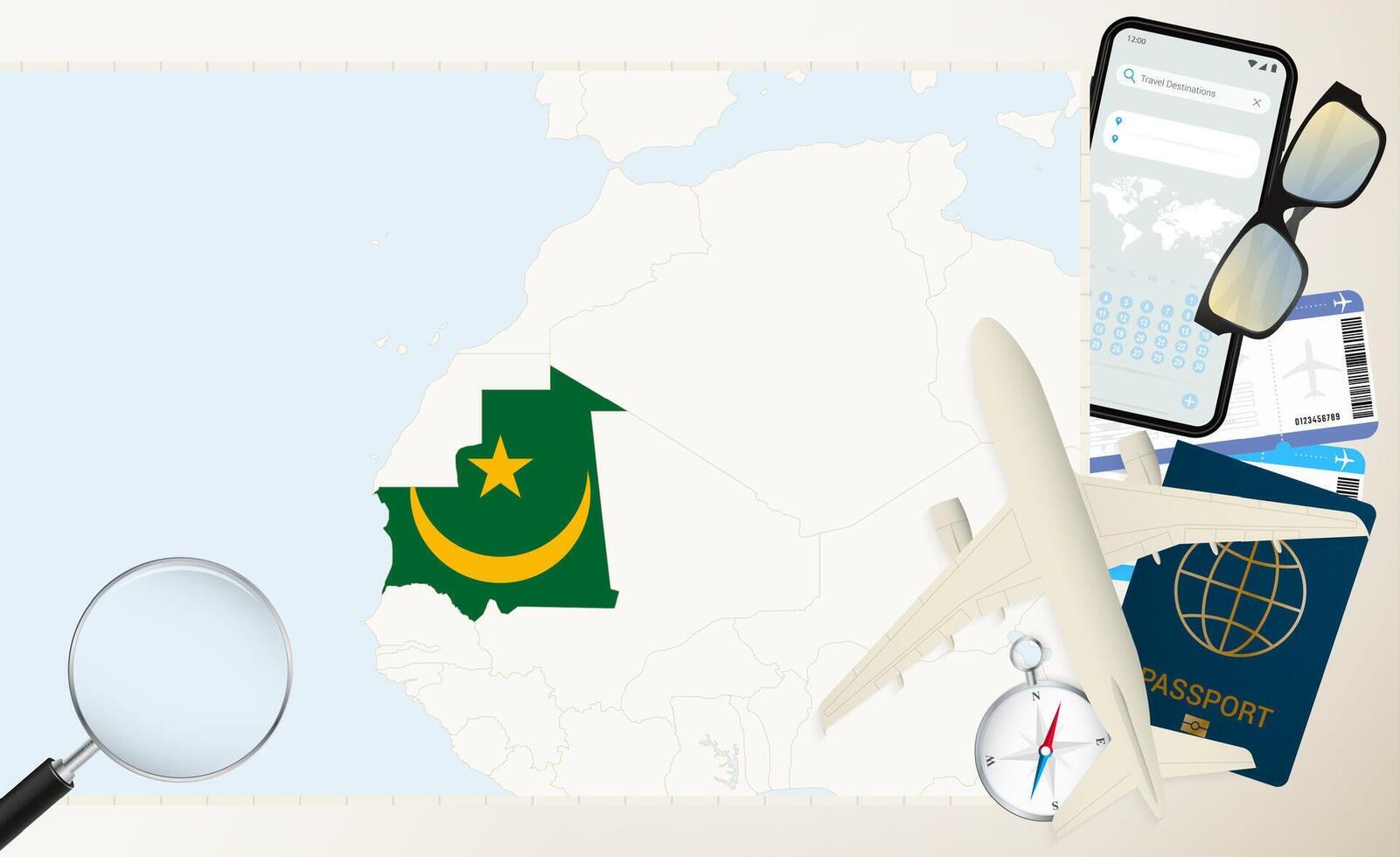 Mauritania map and flag, cargo plane on the detailed map of Mauritania with flag. vector