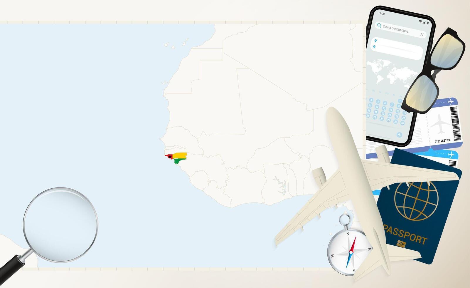Guinea-Bissau map and flag, cargo plane on the detailed map of Guinea-Bissau with flag. vector