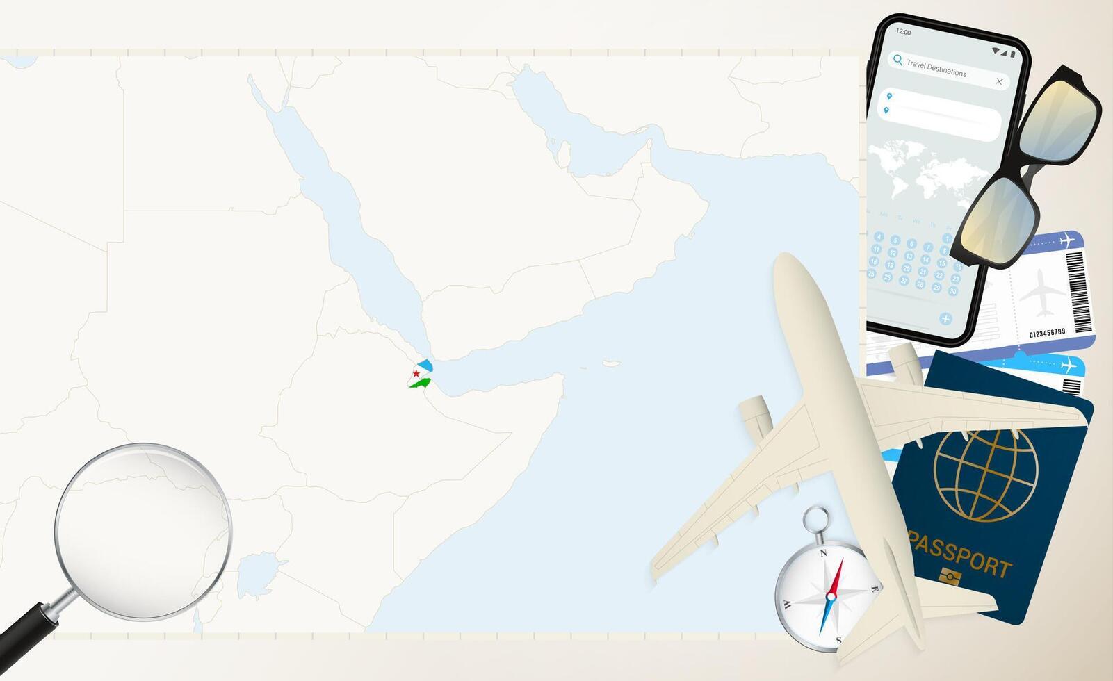 Djibouti map and flag, cargo plane on the detailed map of Djibouti with flag. vector