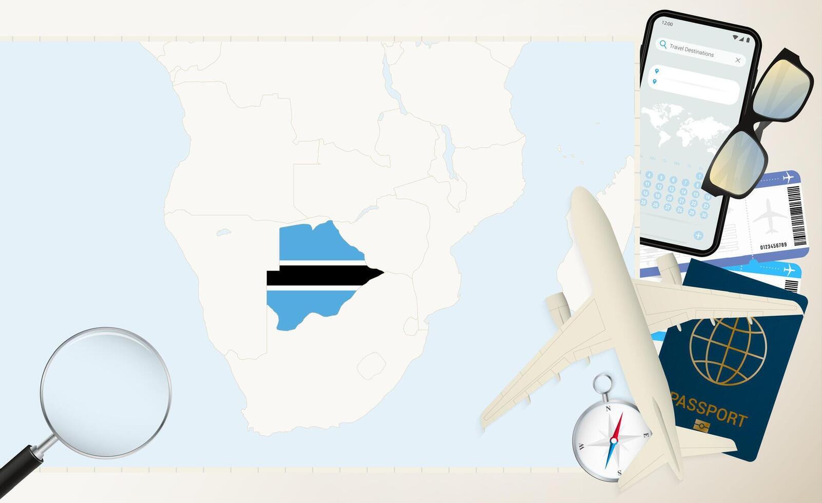 Botswana map and flag, cargo plane on the detailed map of Botswana with flag. vector