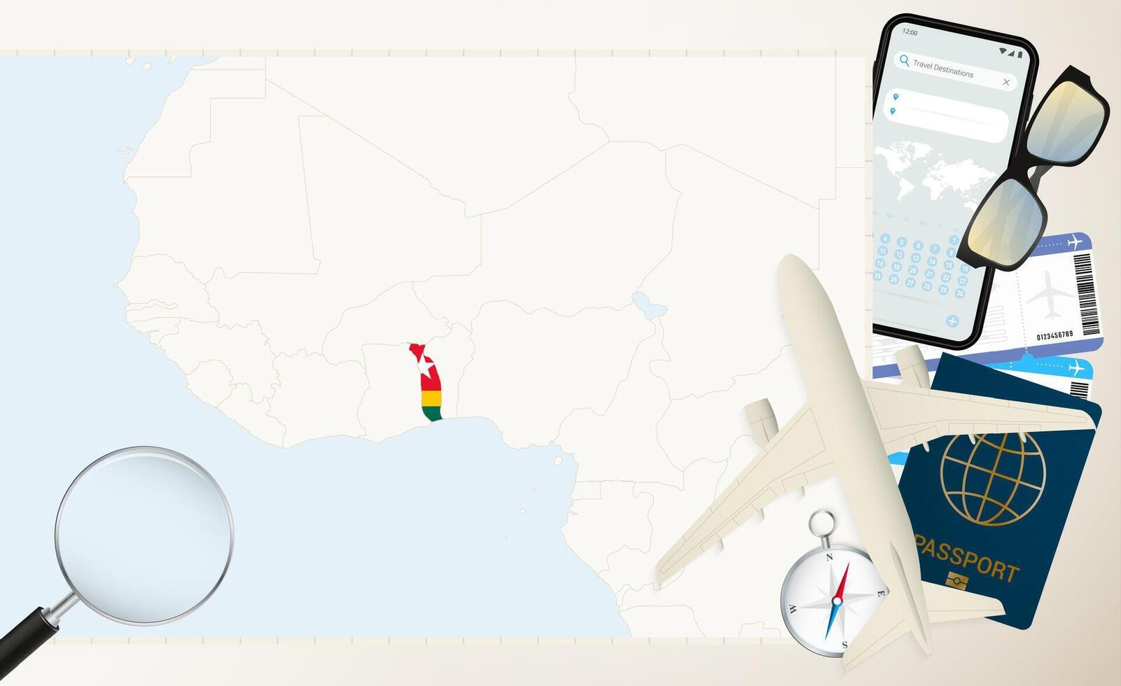 Togo map and flag, cargo plane on the detailed map of Togo with flag. vector